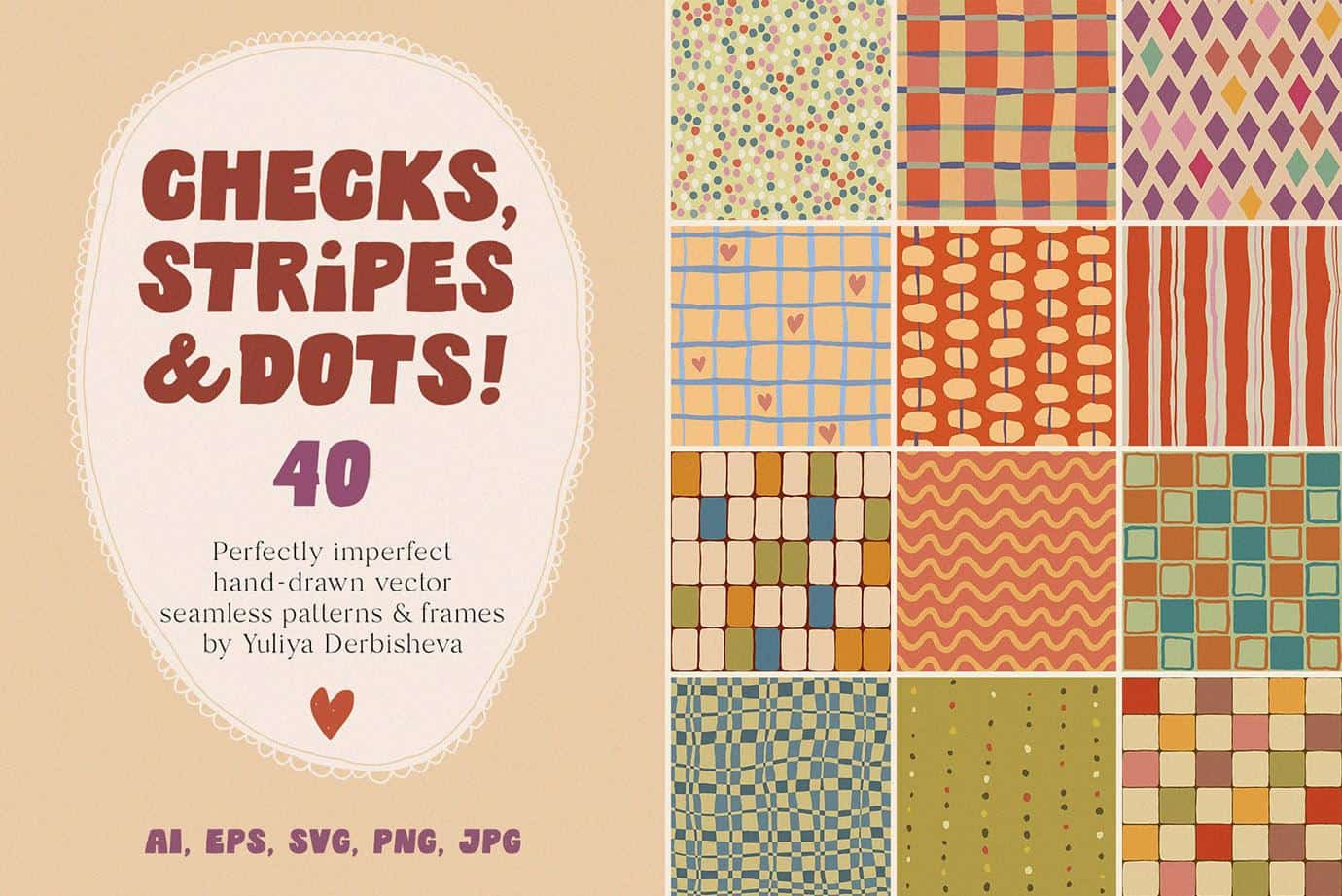 Collection of 16 colorful checkered, striped, and dotted patterns for design projects.