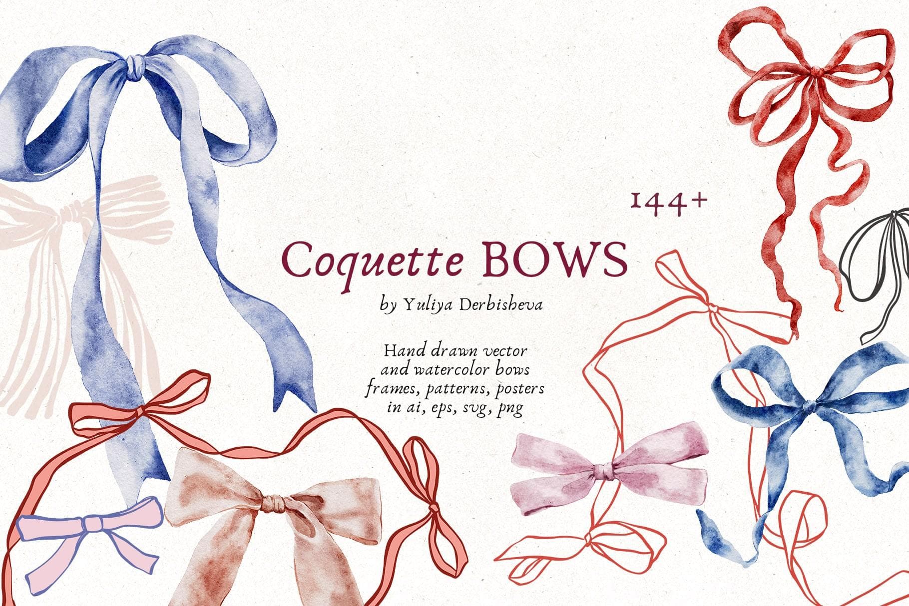 Collection of watercolor coquette bows in various colors and styles.