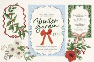 Winter garden floral vector design with holly, poinsettia, and snowdrop flowers.