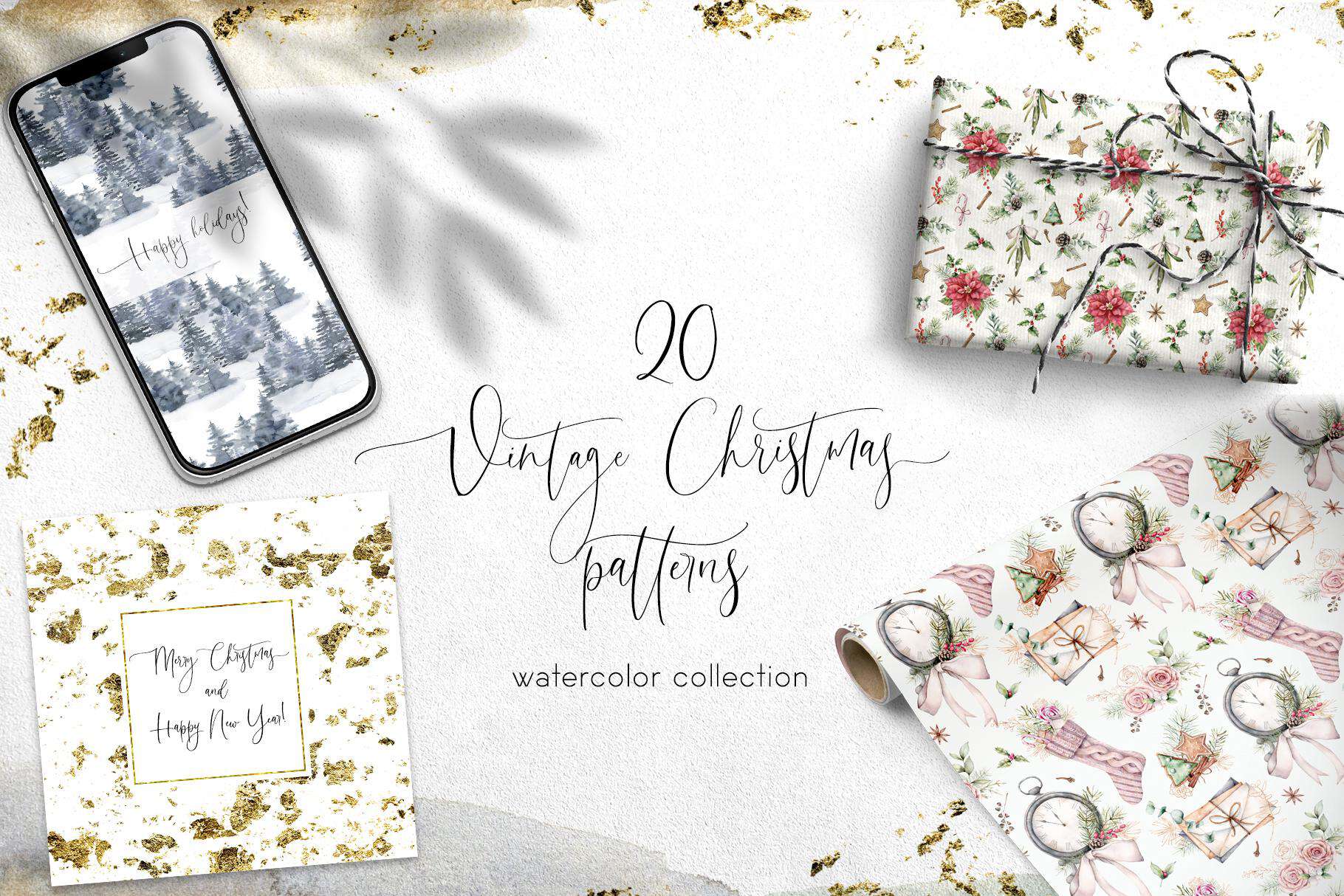 Vintage Christmas patterns with holly, ornaments, and festive motifs for holiday design.