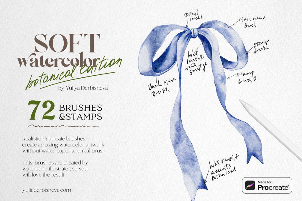 Watercolor Blue bow digital drawing with Soft watercolor Procreate brushes