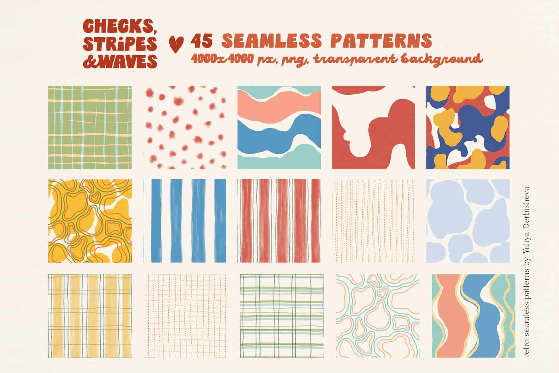 Checks, Stripes & Waves — Hand-Drawn retro seamless patterns - Image 4
