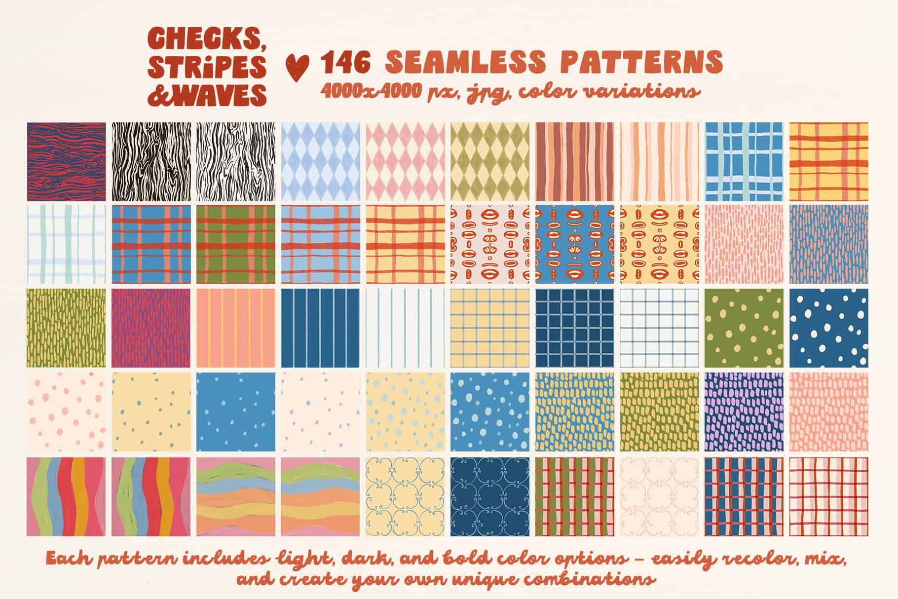 Checks, Stripes & Waves — Hand-Drawn retro seamless patterns - Image 11