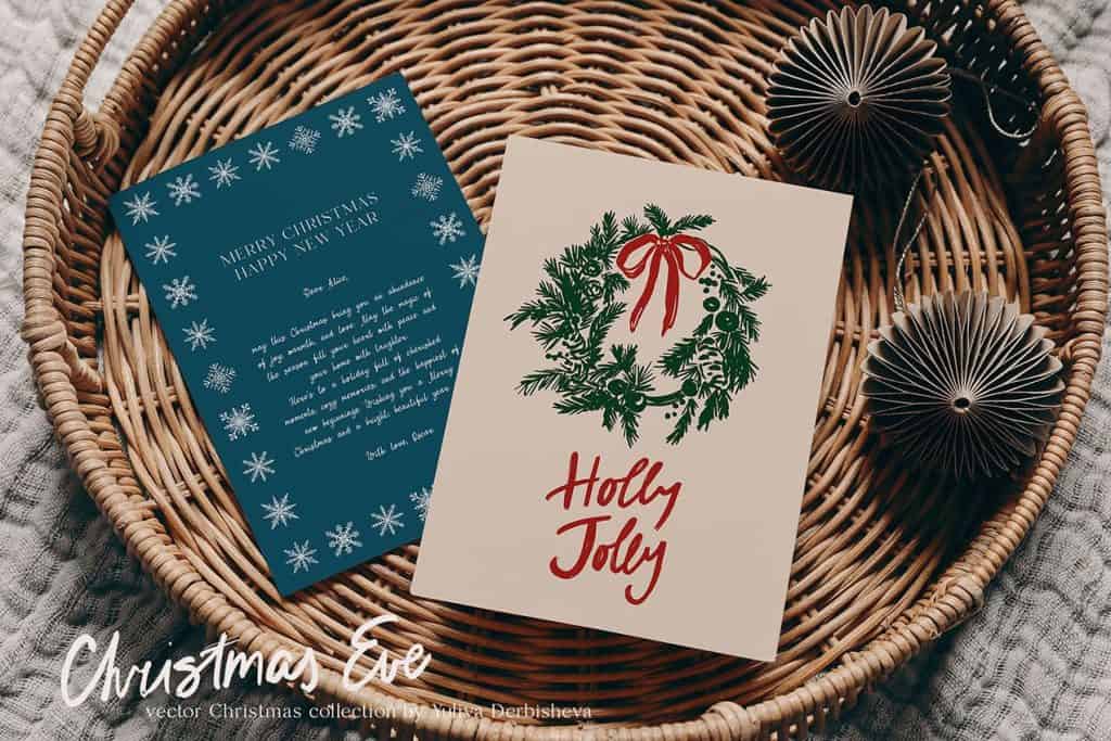 Trendy Hand drawn Christmas cards with snowflakes and wreath with red bow for printable design
