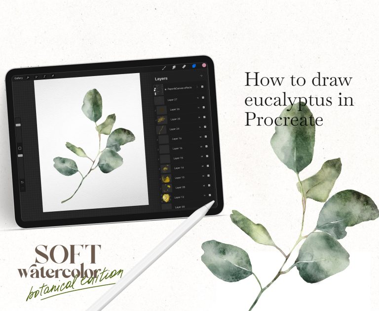 How to draw watercolor eucalyptus leaves branches in Procreate