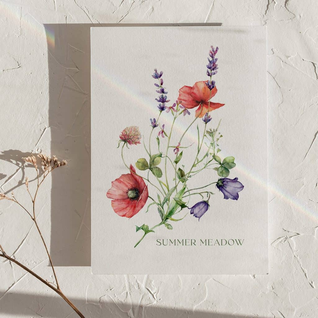 Watercolor wildflower bouquet with poppy flowers, lavender, clover clipart