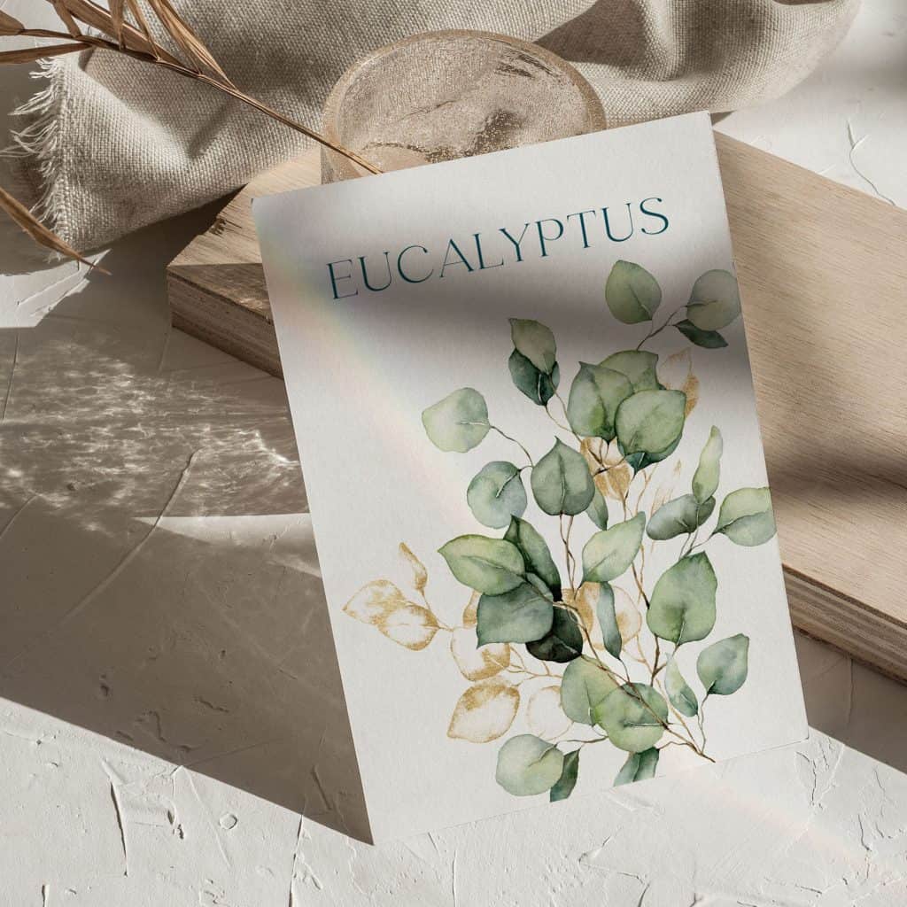 Watercolor eucalyptus bouquet with green and gold leaves for wedding invitations and floral design