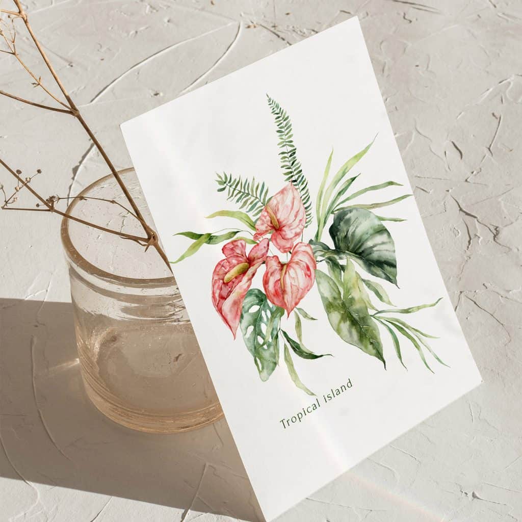 Watercolor exotic bouquet with jungle leaves and pink tropical flowers