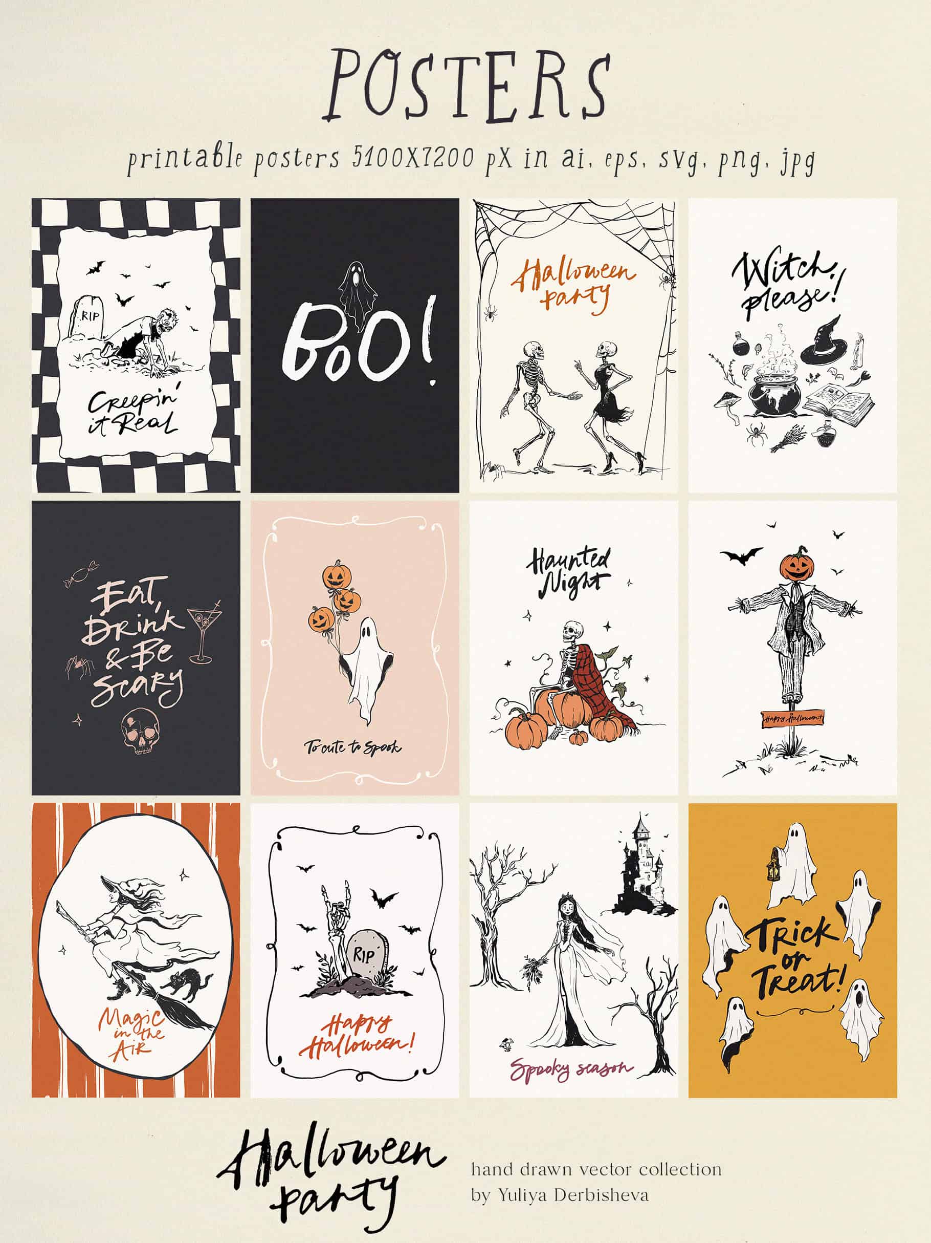 Halloween Party – Cute & Whimsical hand-drawn vector clipart, Posters and seamless patterns - Image 4