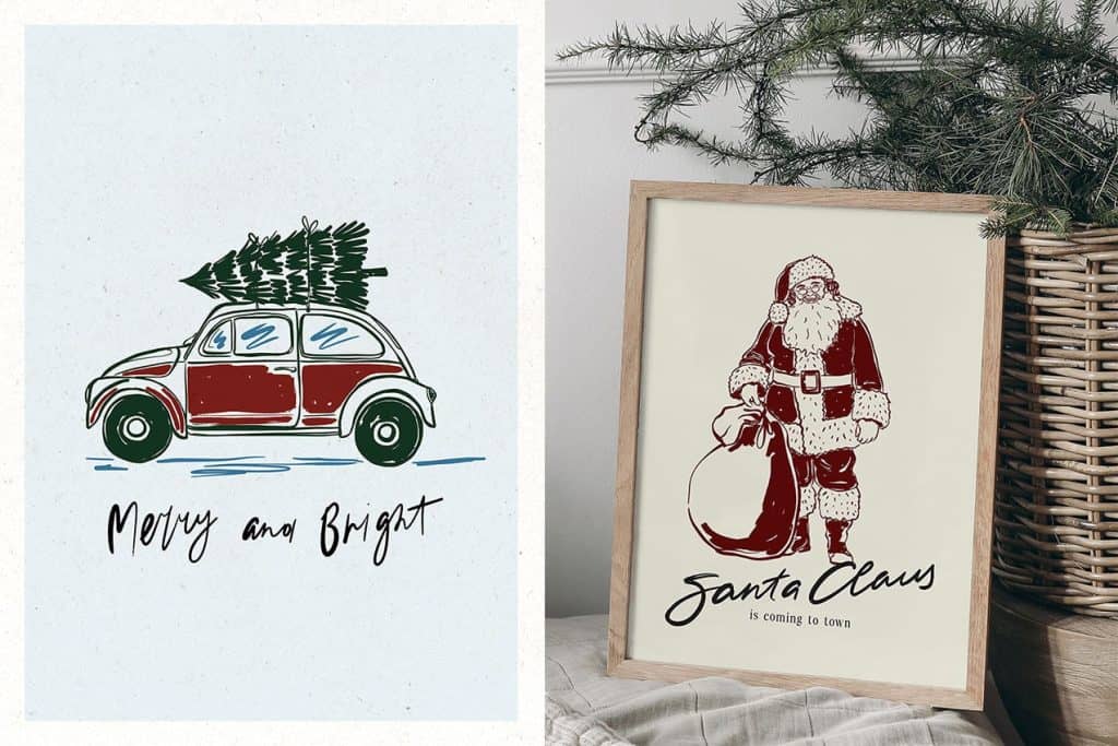 Hand drawn doodle Christmas Card Poster with Santa Claus and car with tree