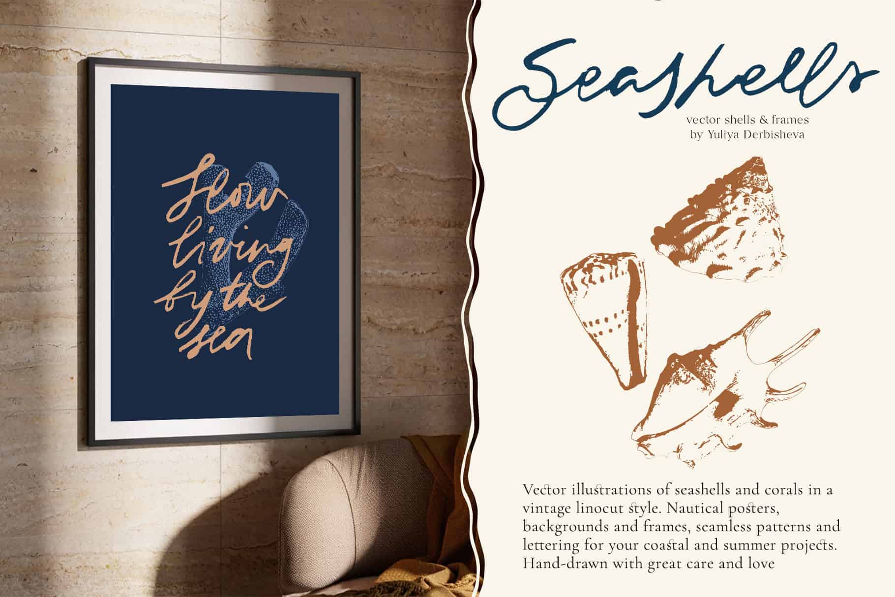 Seashells: hand drawn vector linocut ocean illustration, frames and backgrounds, sea posters & seamless patterns - Image 2