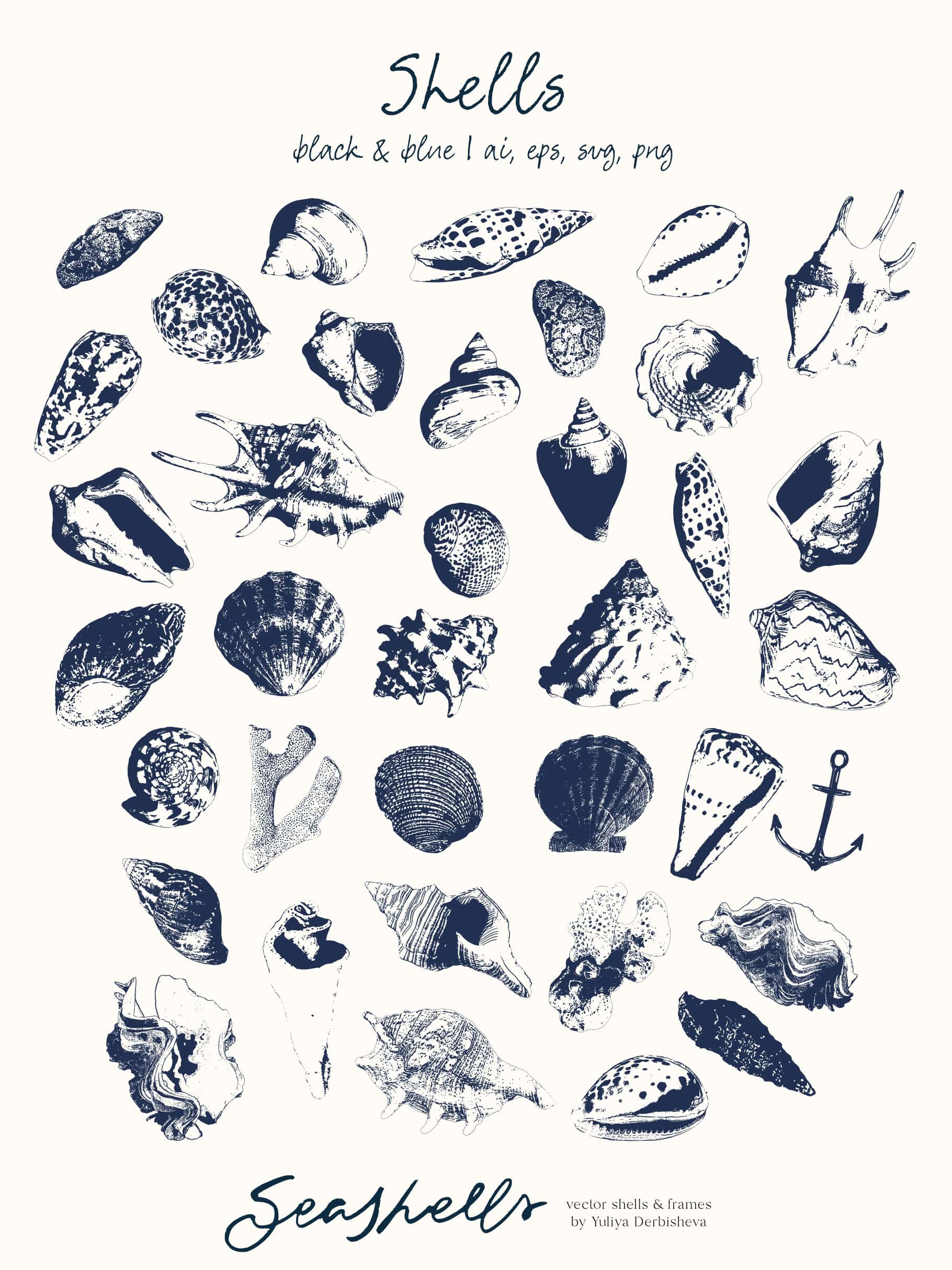 Seashells: hand drawn vector linocut ocean illustration, frames and backgrounds, sea posters & seamless patterns - Image 4