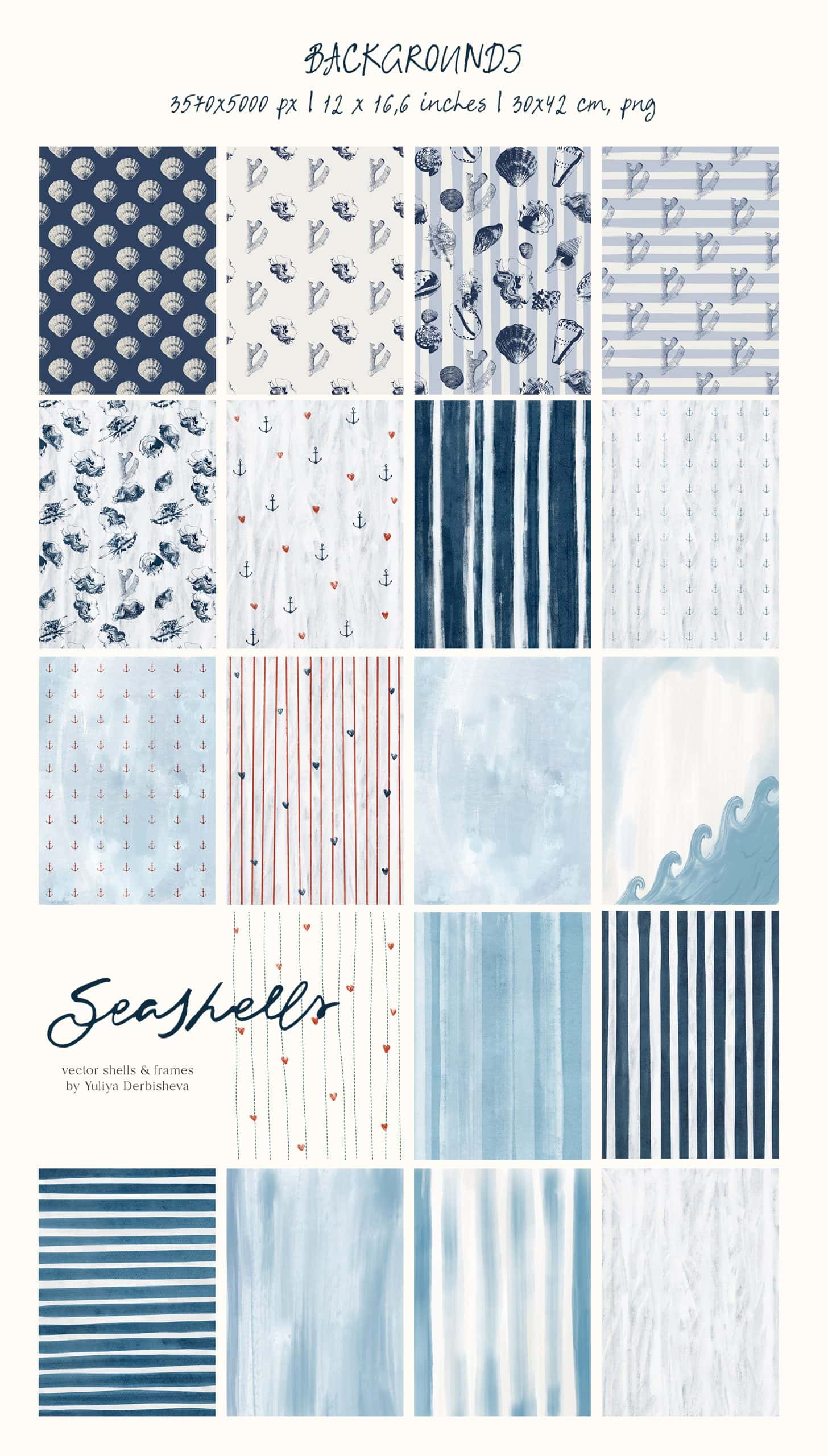 Seashells: hand drawn vector linocut ocean illustration, frames and backgrounds, sea posters & seamless patterns - Image 5