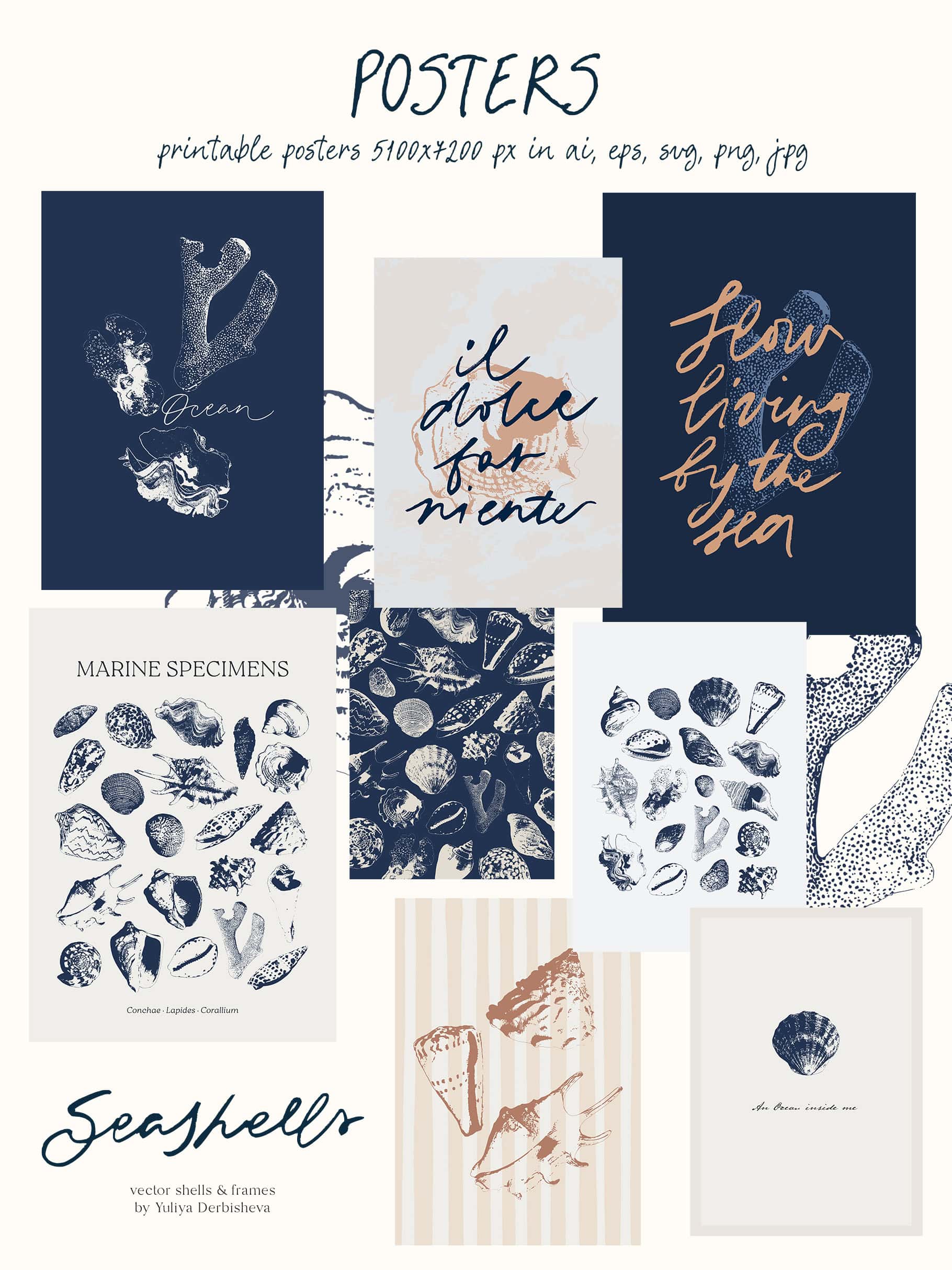 Seashells: hand drawn vector linocut ocean illustration, frames and backgrounds, sea posters & seamless patterns - Image 8