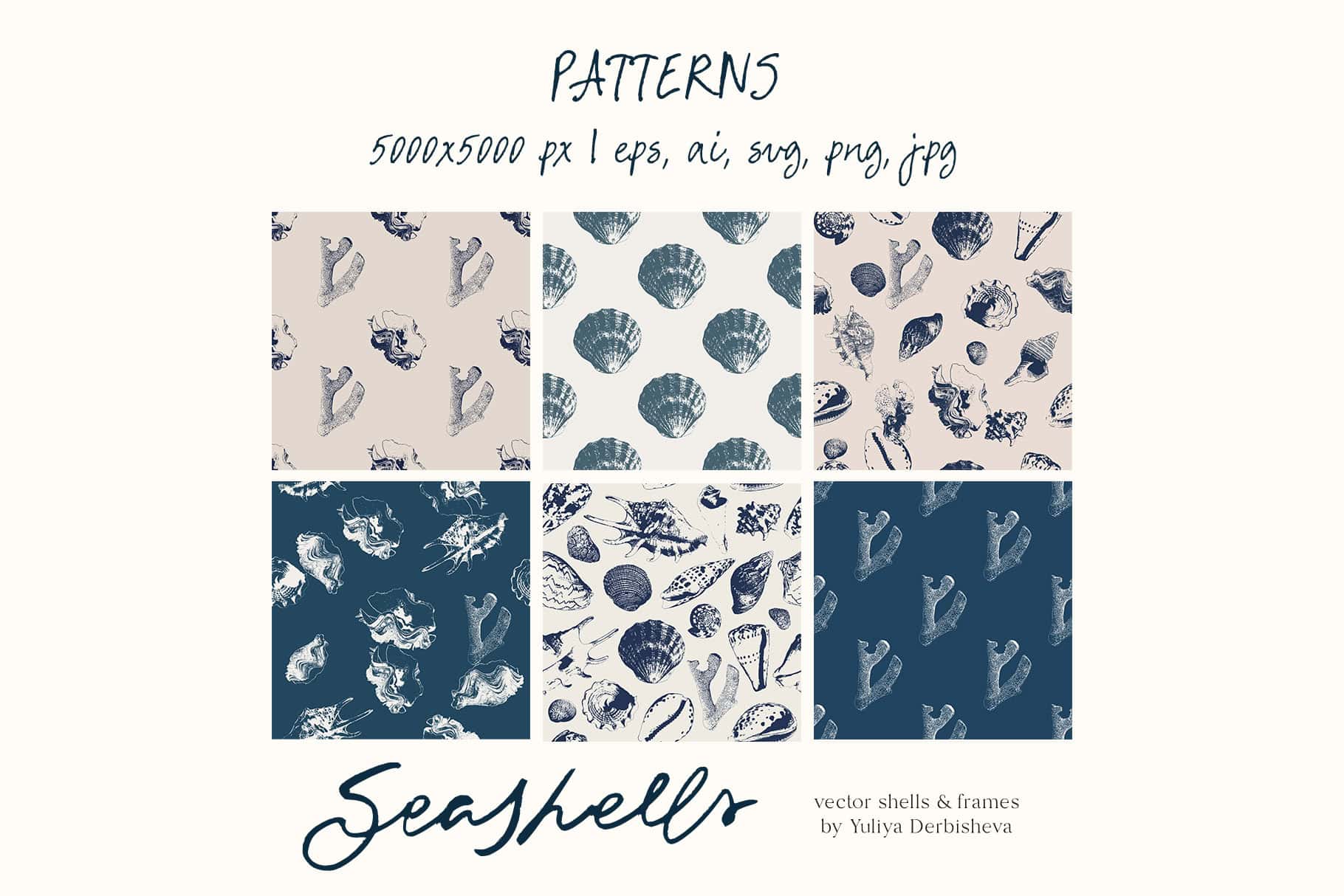 Seashells: hand drawn vector linocut ocean illustration, frames and backgrounds, sea posters & seamless patterns - Image 11