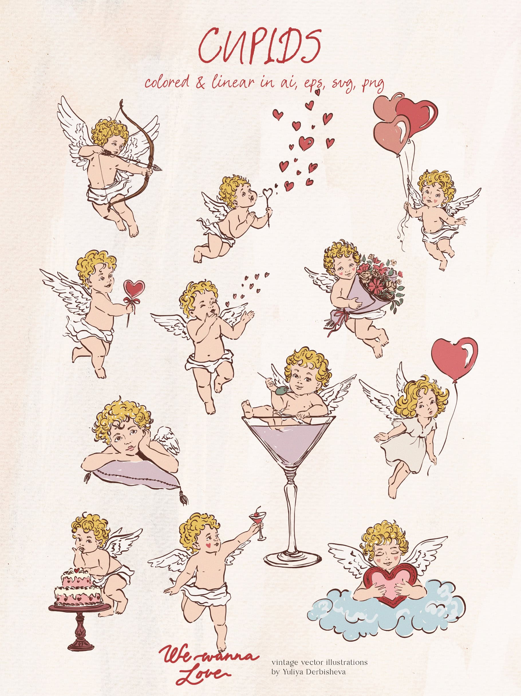 We wanna Love: vector vintage illustrations, Cupids clipart, rococo elegant frames, Valentine's Day posters and cards - Image 5