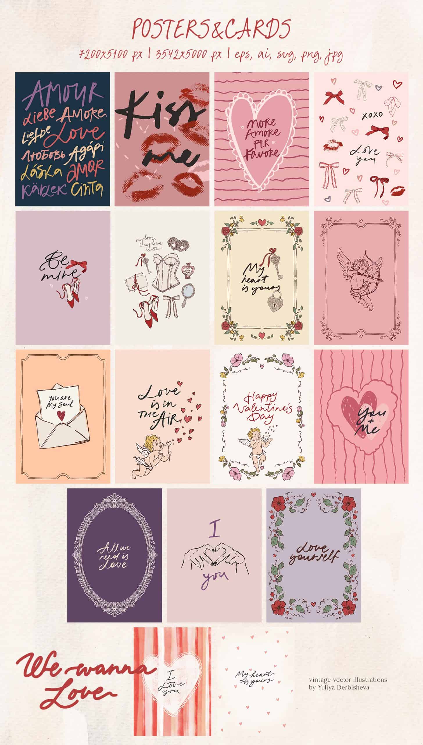 We wanna Love: vector vintage illustrations, Cupids clipart, rococo elegant frames, Valentine's Day posters and cards - Image 6