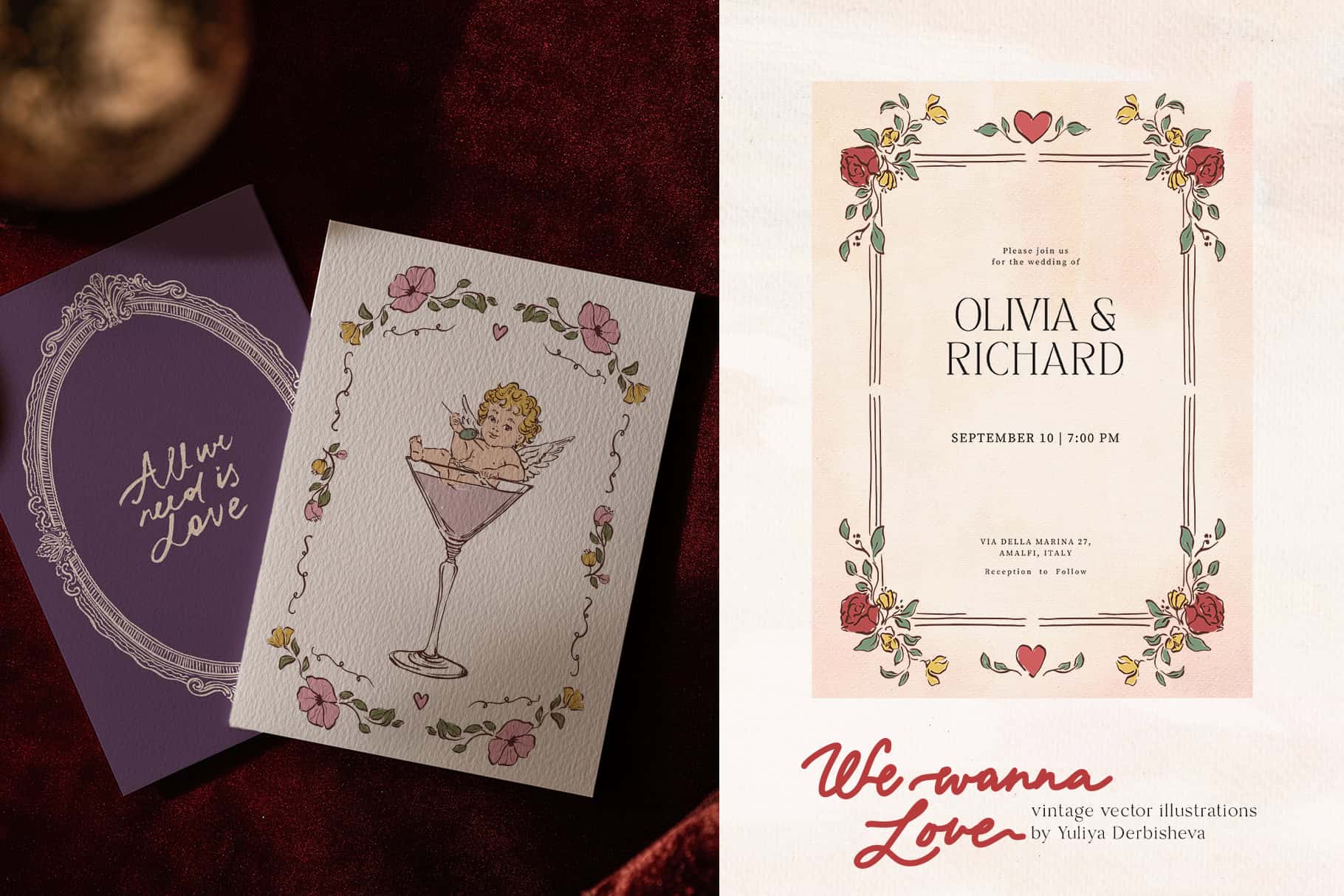 We wanna Love: vector vintage illustrations, Cupids clipart, rococo elegant frames, Valentine's Day posters and cards - Image 8