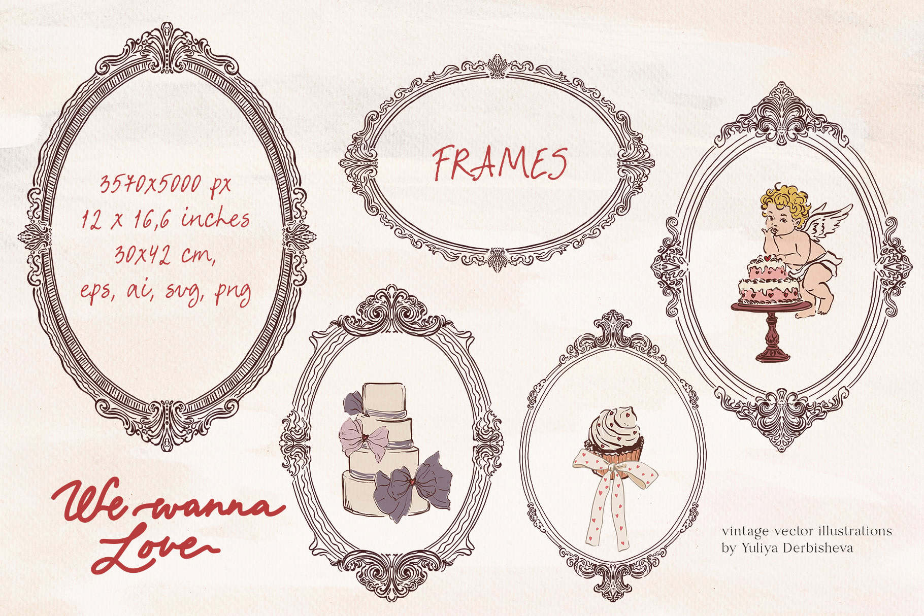 We wanna Love: vector vintage illustrations, Cupids clipart, rococo elegant frames, Valentine's Day posters and cards - Image 9