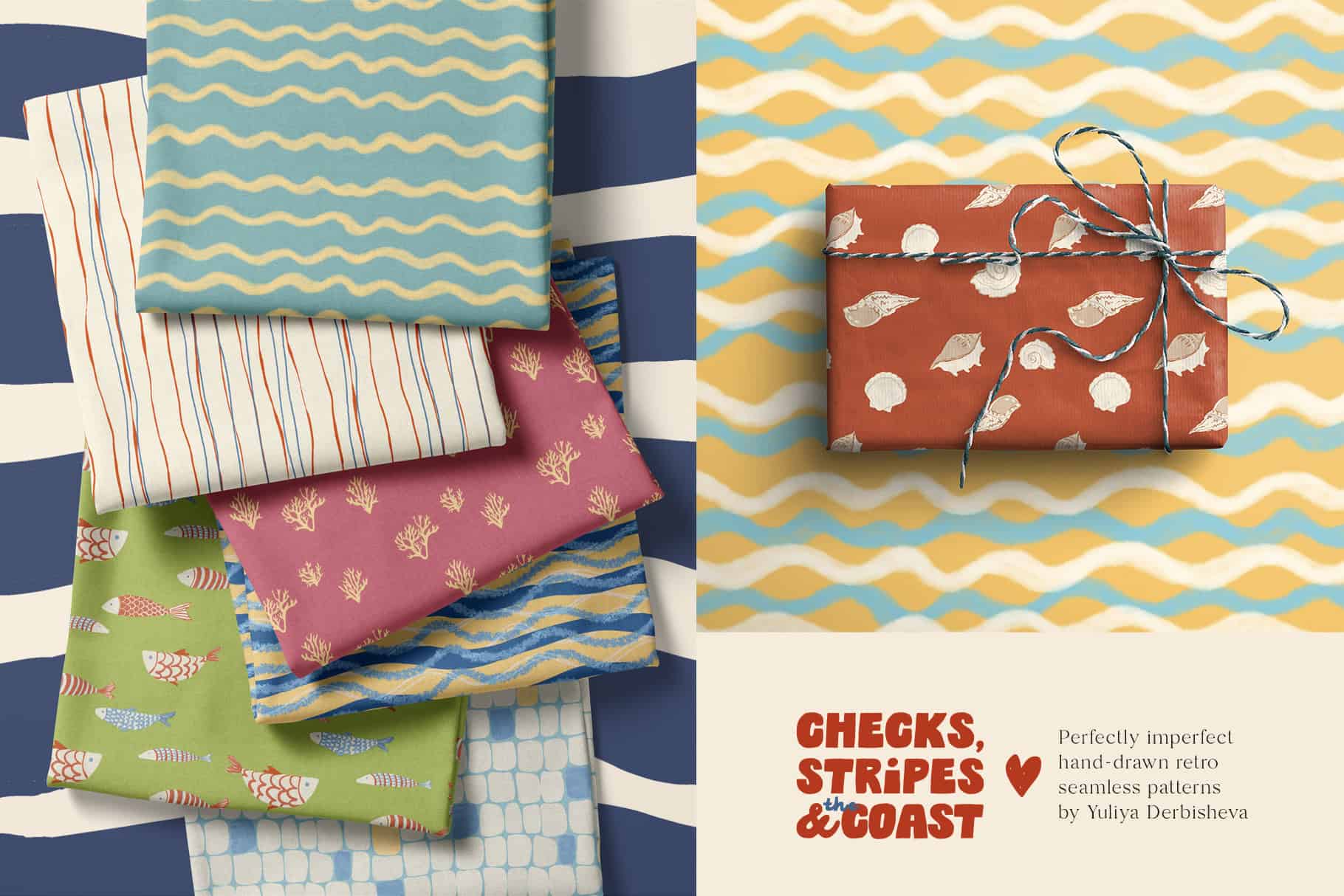 Coastal Mediterranean Greek Italian Summer stripe wave seamless patterns