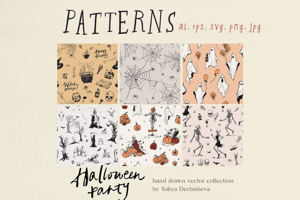 Halloween party seamless patterns with cute ghosts skeletons decor