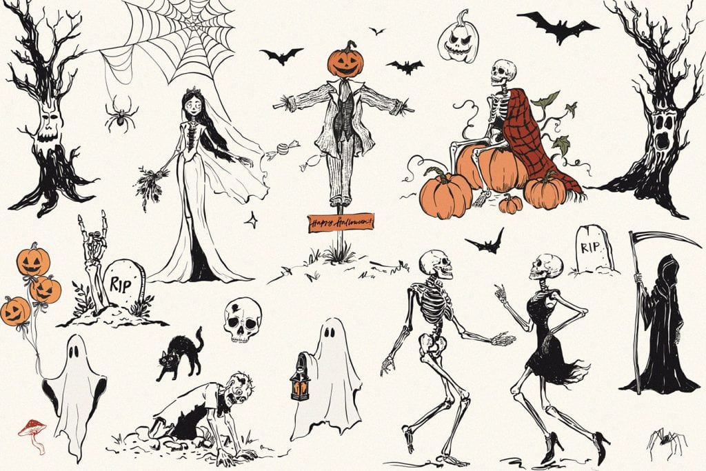 Halloween Party vintage hand drawn illustrations clipart with skeleton pumpkins