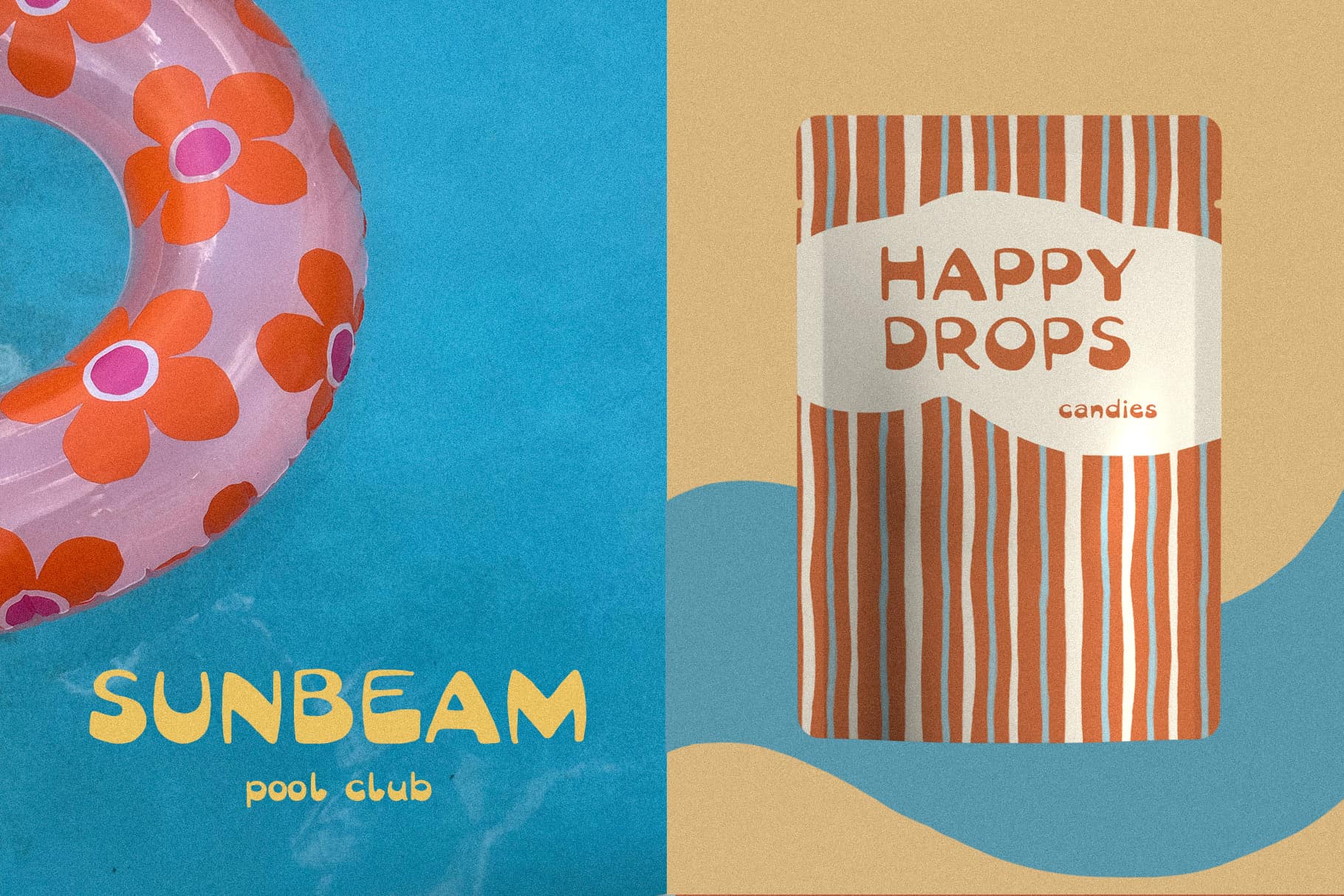 Pool float and candy pouch mockups with 'Sunbeam' and 'Happy Drops' in bold retro lettering