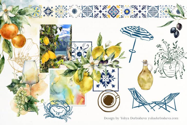 Mediterranean Greek Island summer illustration Design trend moodboard