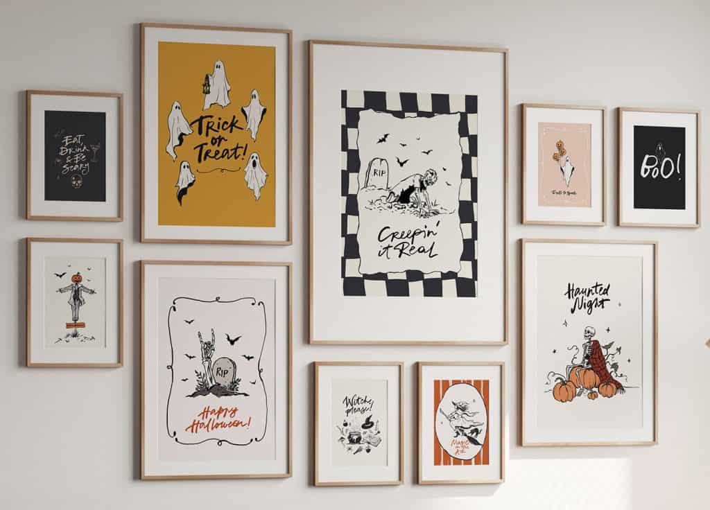 Halloween Party hand drawn printable illustrated posters for wall art invitations