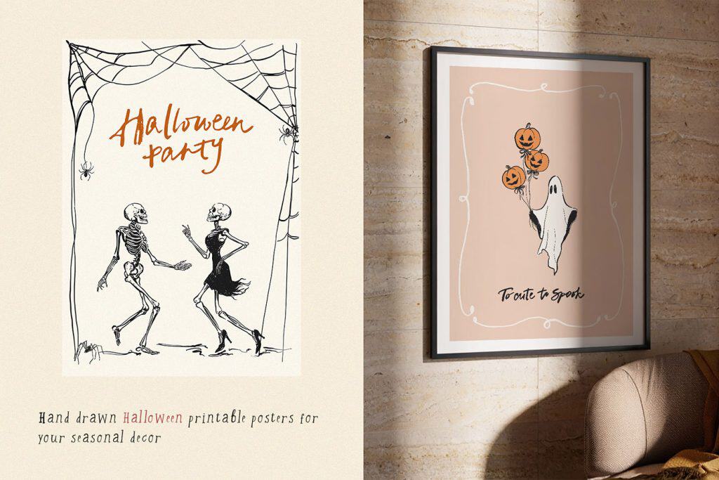Halloween party dancing skeletons ghost with pumpkin air balloon poster wall art