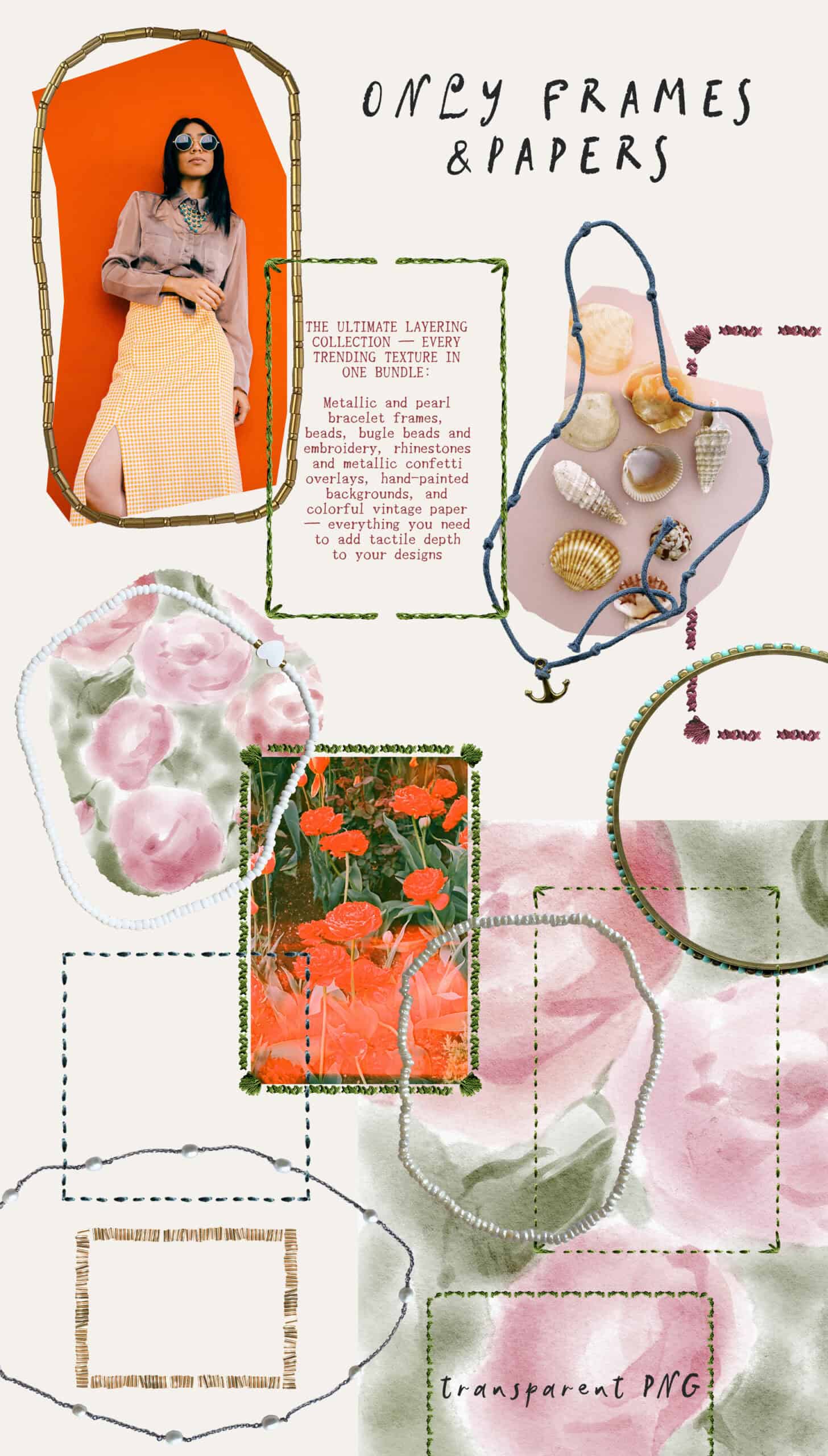collage frame with beads and metallic bracelet overlay png