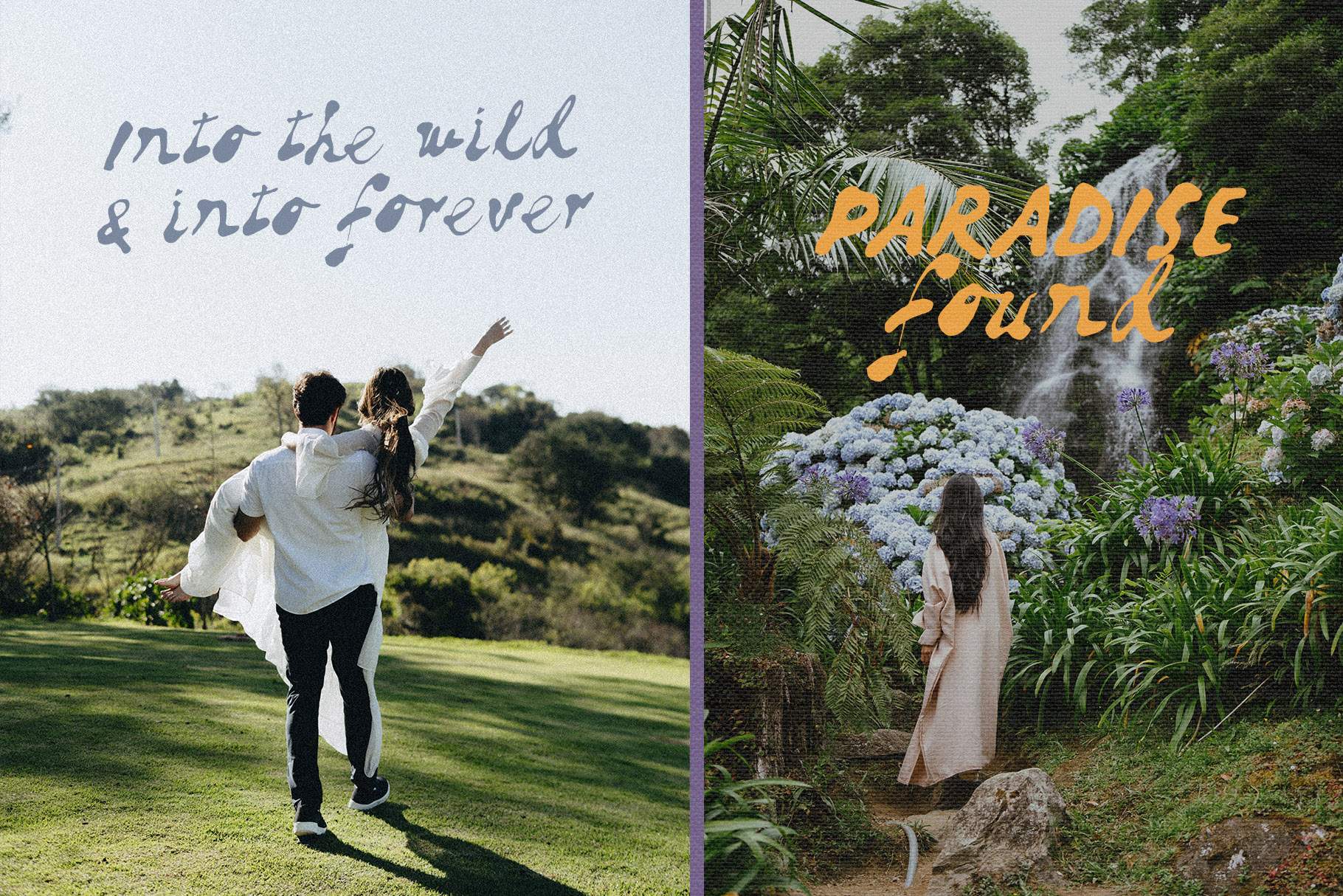 Reckless Bleed script font shown on a wedding photo and a jungle waterfall scene as hand-lettered quote