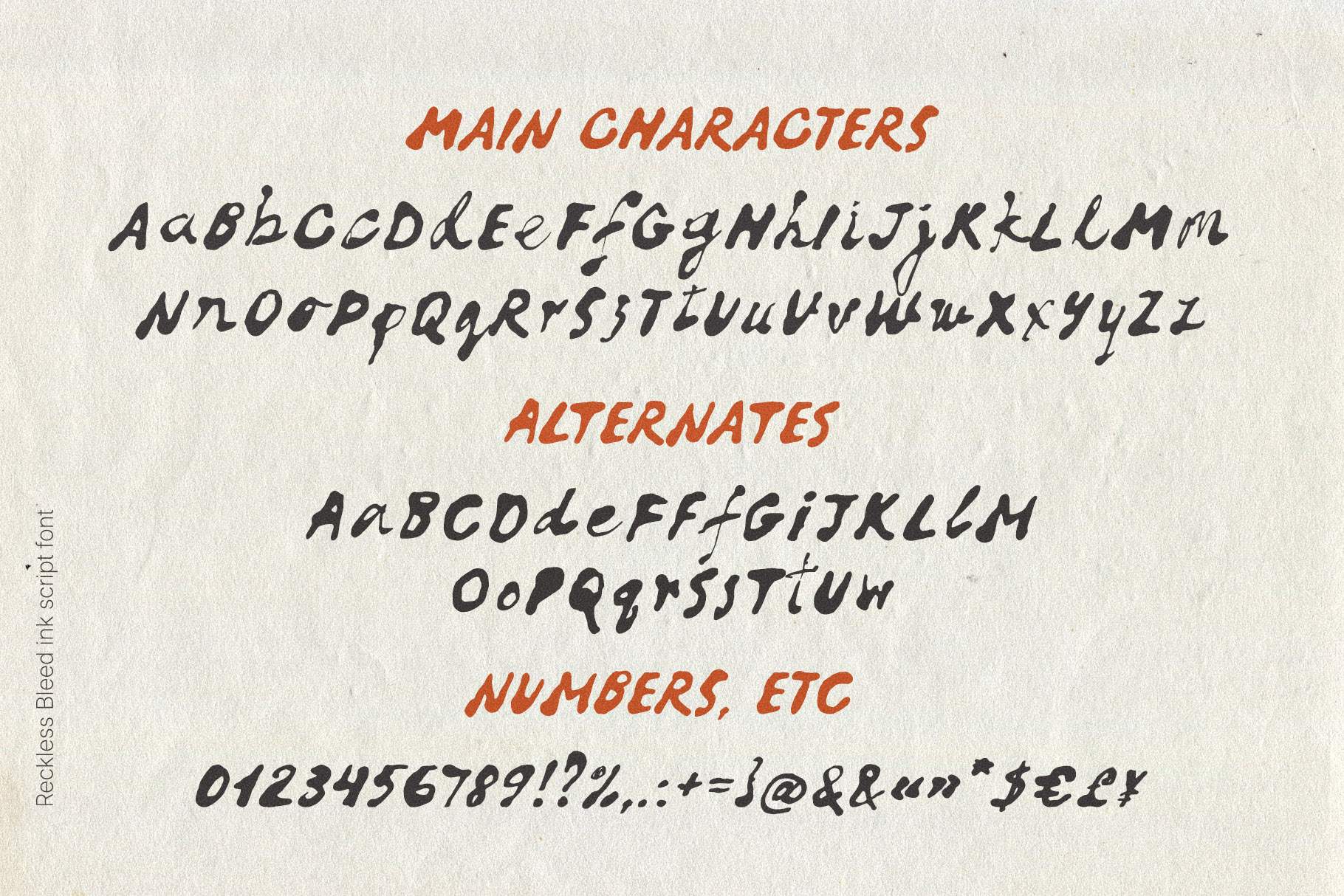 Reckless Bleed font character map showing uppercase, lowercase, alternate letters, numbers and punctuation