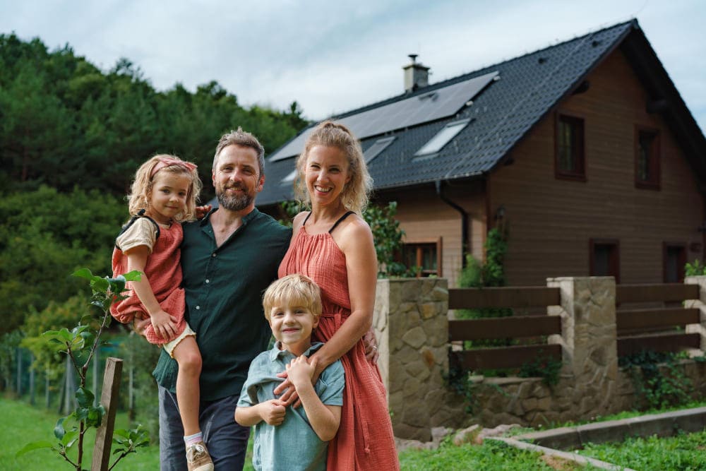 pojištění nemovitosti - spokojená rodina před svým domem