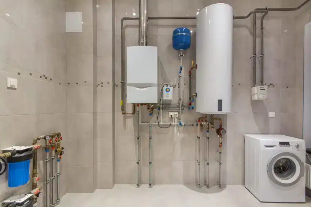 Gas water heating system and storage tank professionally installed in a modern utility room.