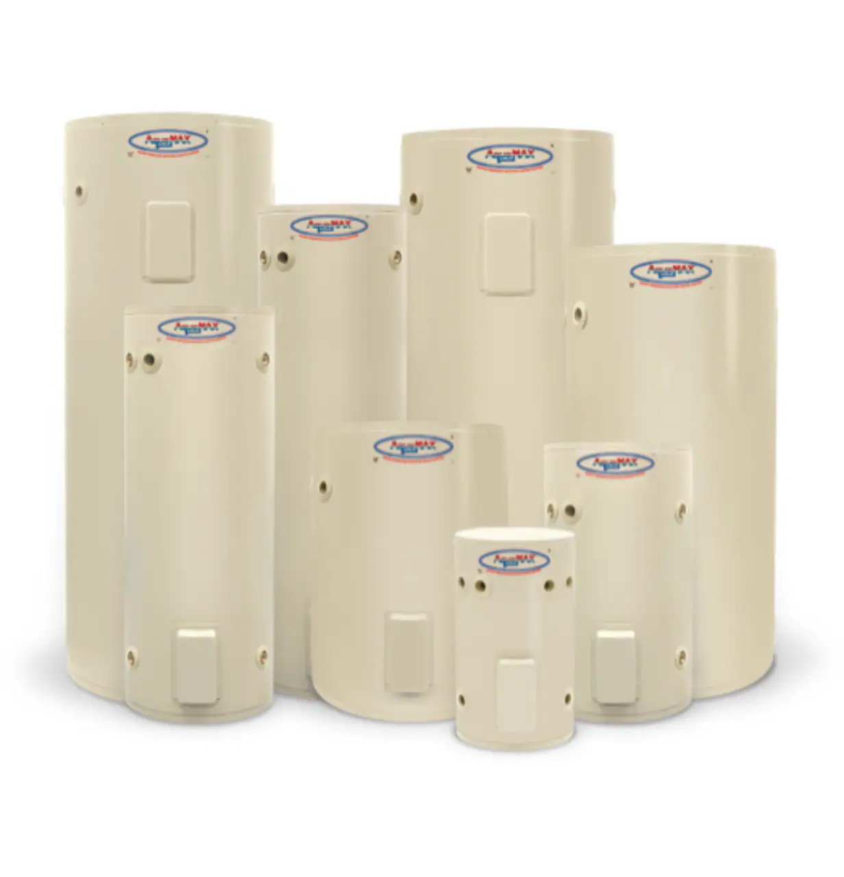 A group of various-sized cream-coloured AquaMax electric water heater storage tanks arranged on a white background.