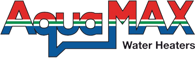 Aqua Max Water Heaters logo with red, white, green and blue striped letters and blue speech bubble design element