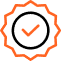 Orange badge with checkmark inside circle, representing approval, certification, or quality assurance symbol.