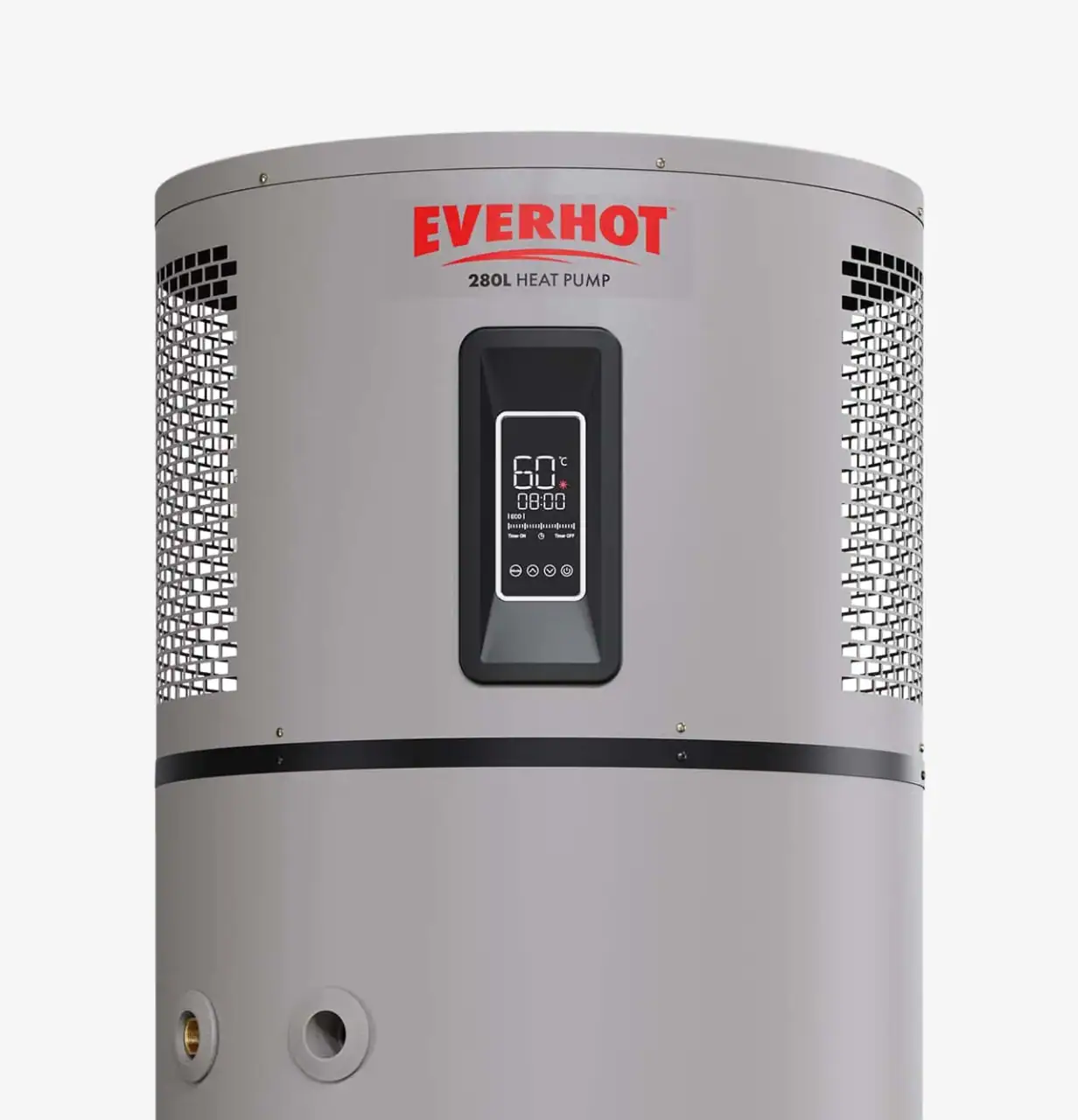 Close-up of an Everhot 280L Heat Pump water heater featuring a digital control panel and mesh vents on a white background.