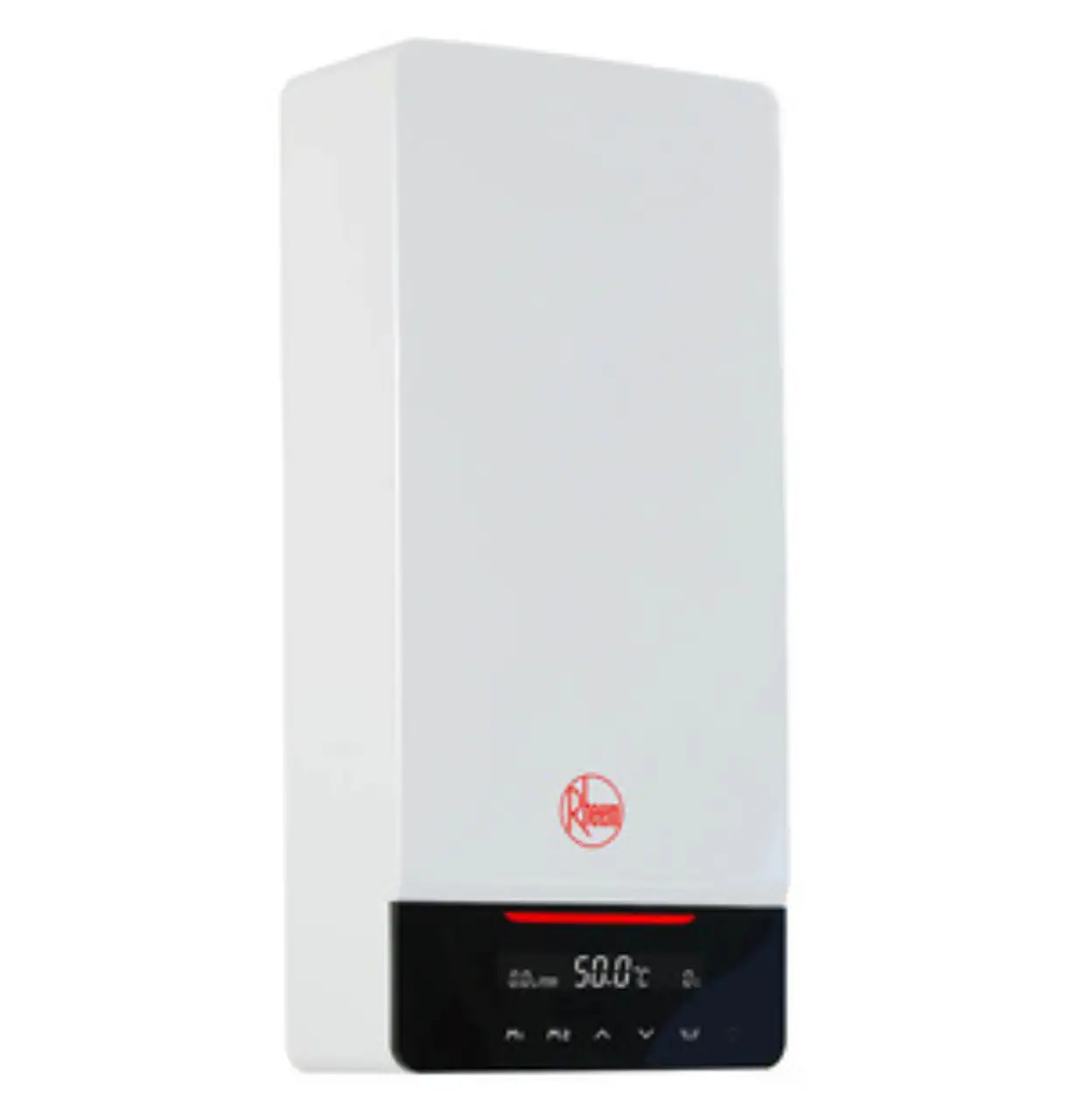 White Rheem tankless water heater with a digital display showing 50.0°C and a red indicator light on a plain background.