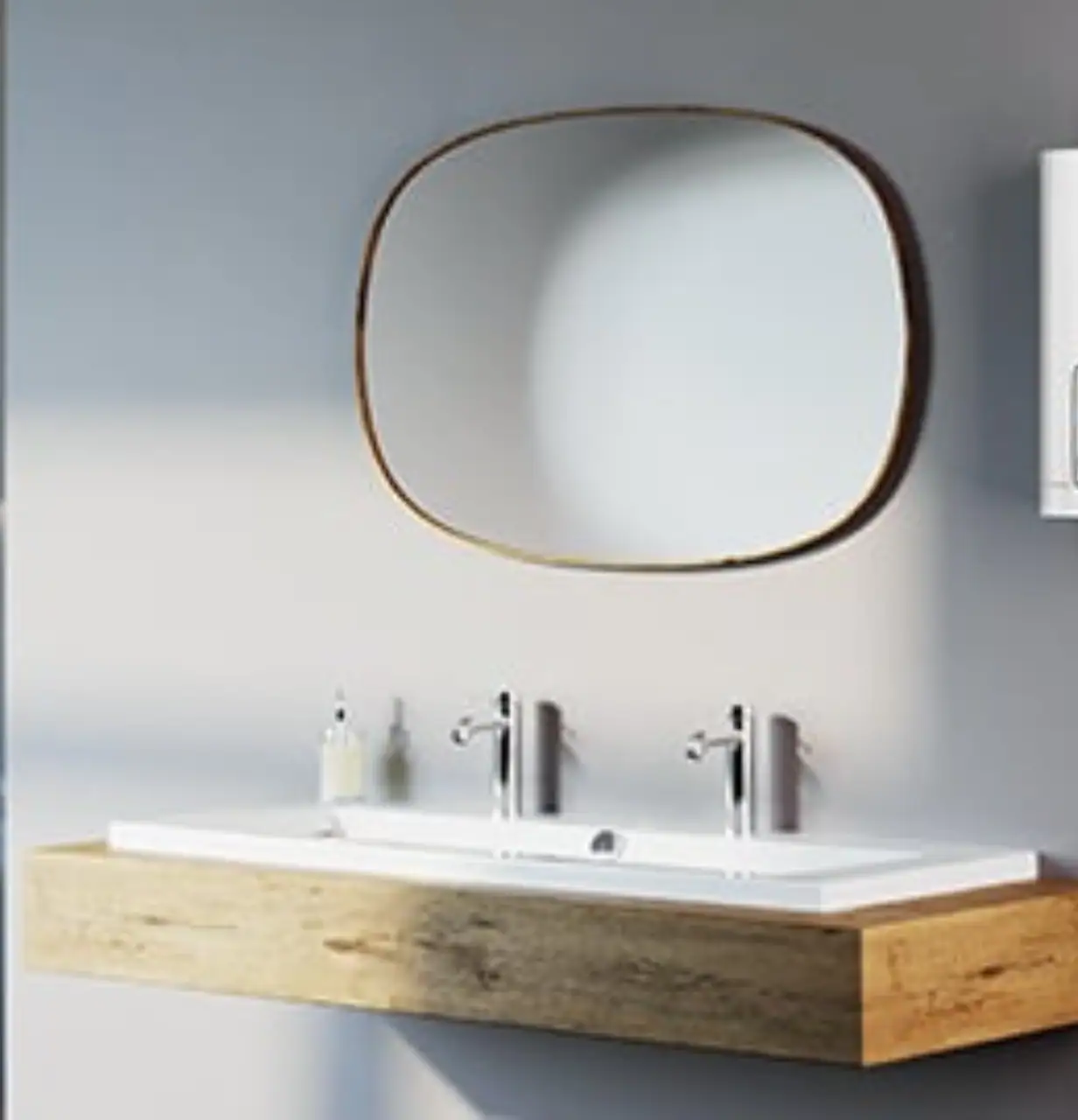 Modern bathroom with a wood floating vanity, oval mirror, and a wall-mounted white tankless water heater on a grey wall.