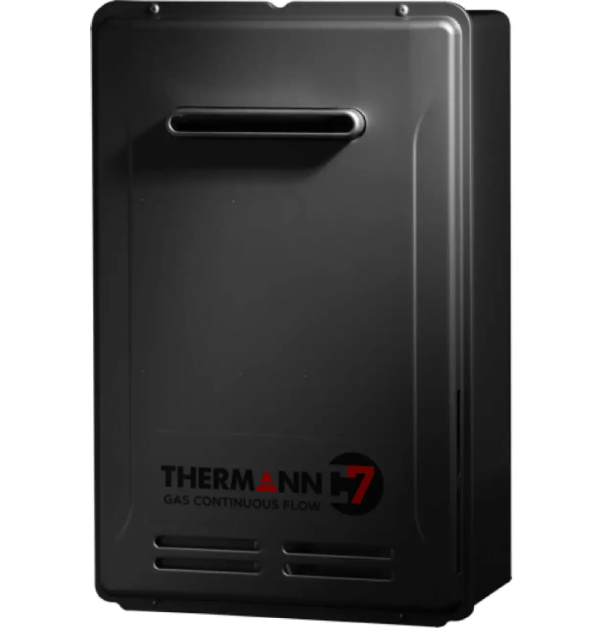 Sleek black Thermann gas continuous flow water heater with brand logo and ventilation slots, isolated on a white background.