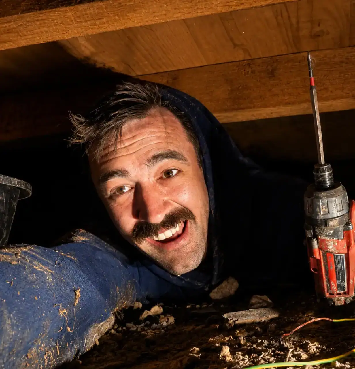 Plumber working under house with power drill for plumbing installation.