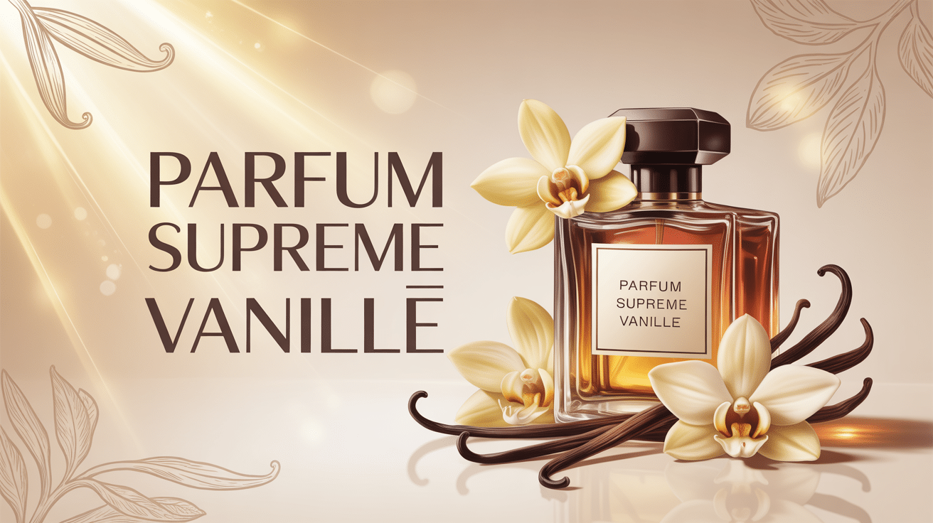 Flacon parfum supreme vanille entouré de gousses et fleurs