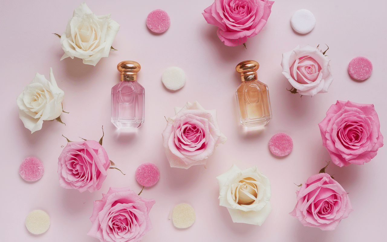Roses et flacons univers parfum sucre rose