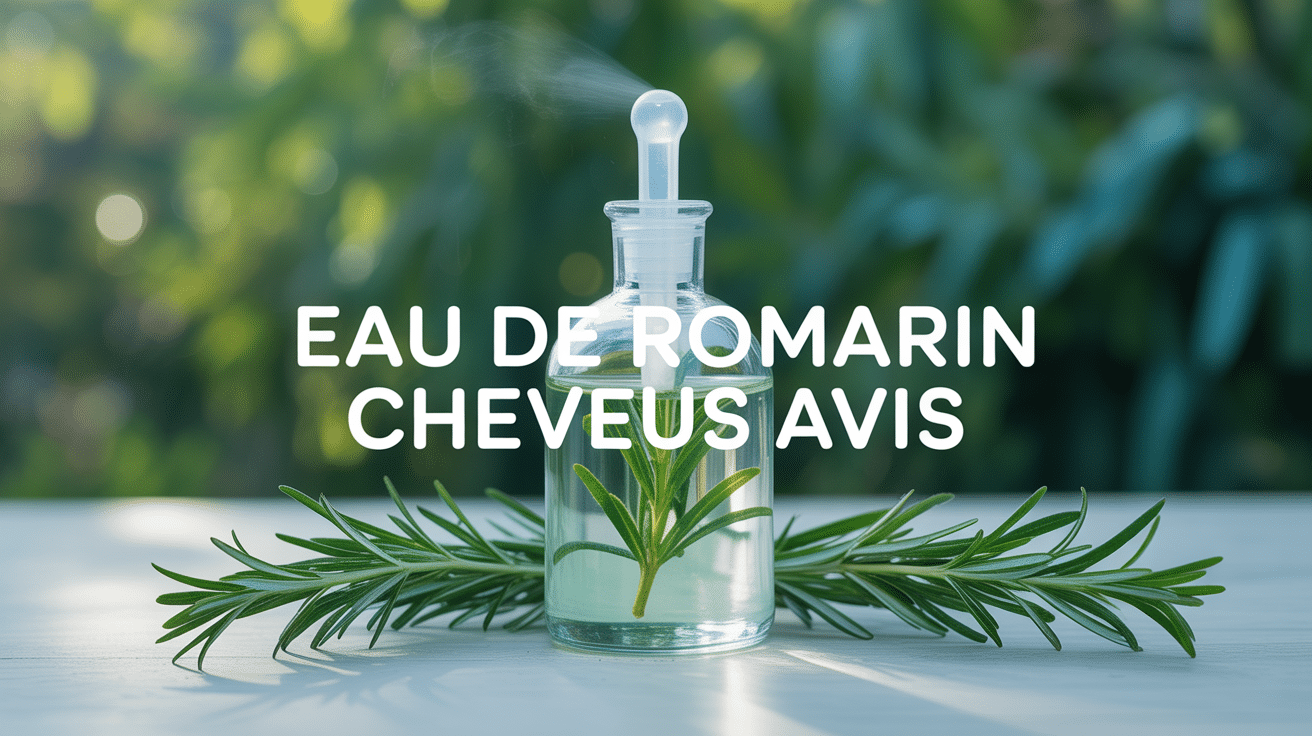 Eau de romarin cheveux avis en bouteille entourée de romarin frais