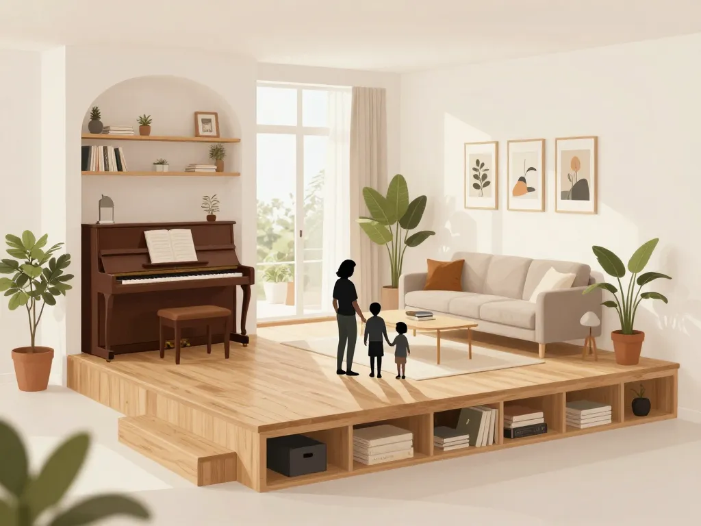 illustration d'une estrade en bois multifonction dans un salon moderne