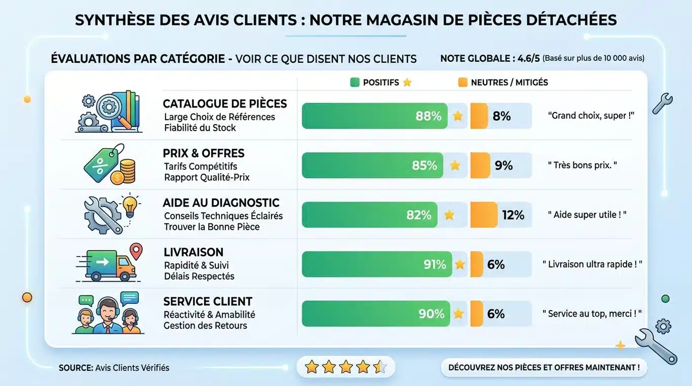 Infographie récapitulative des avis clients sur SOS Accessoire : catalogue, prix, aide au diagnostic, livraison et SAV.