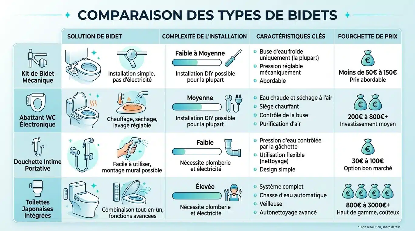 Infographie comparative des différentes solutions de bidets pour toilettes