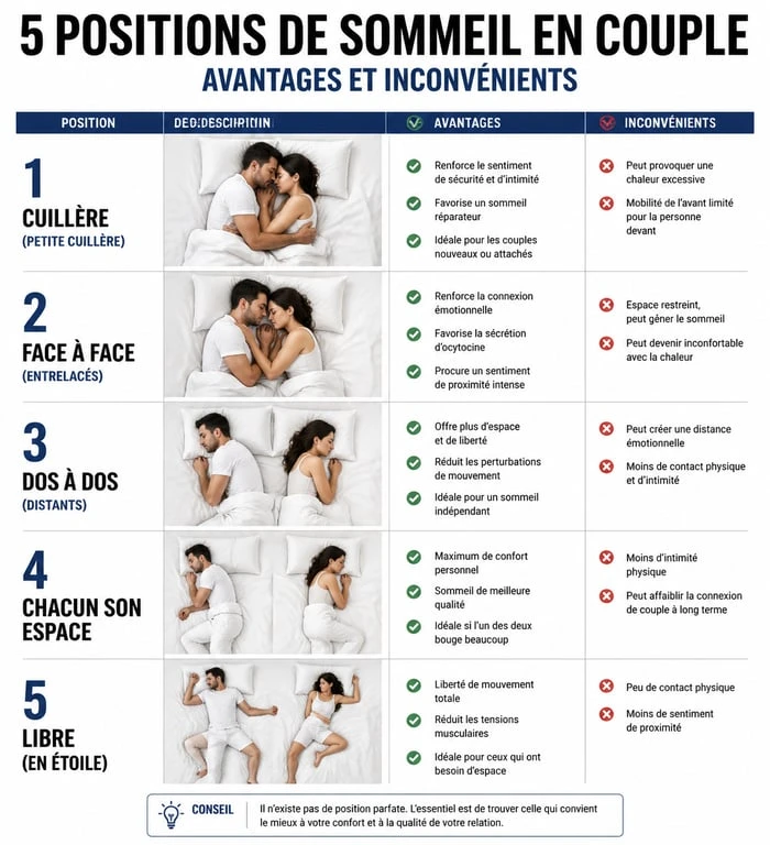 Infographie des positions de sommeil en couple et leur signification